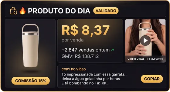Painel de produto validado — comissão, vídeo viral e copy sugerida